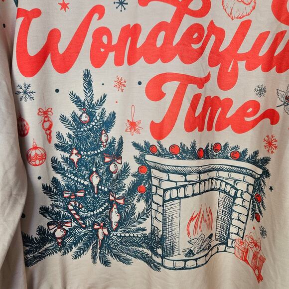 Beige Christmas Sweatshirt Wonderful Time Print Cozy Holiday Trendy Party Medium - Picture 8 of 12